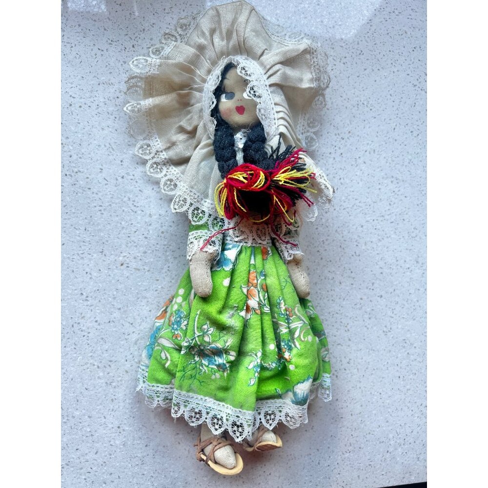 Handmade St. Thomas Folk Cloth Doll VTG In Traditional Green Dress With Veil